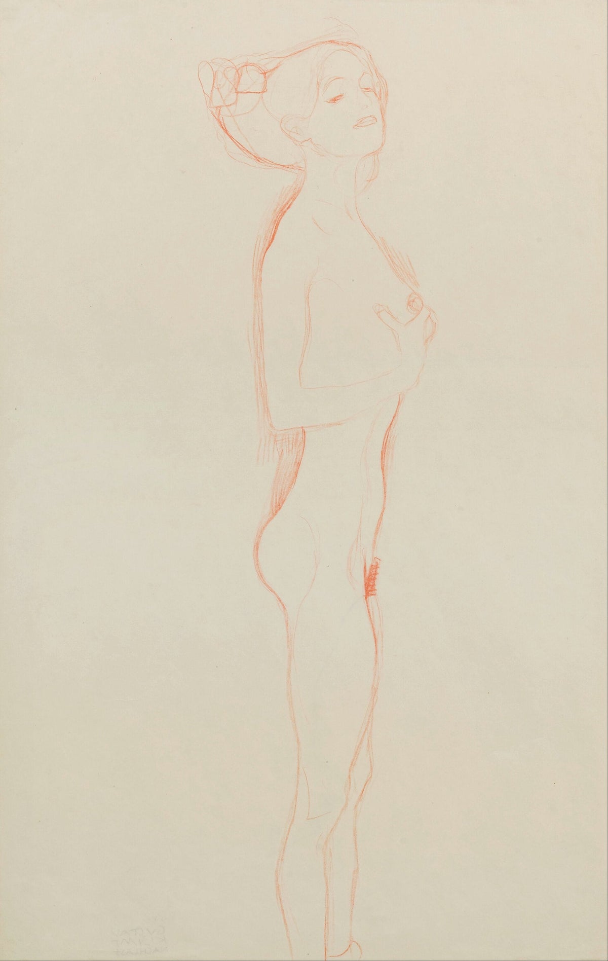 Jeune femme nue debout, main sur la poitrine, dessin complet de Gustav Klimt