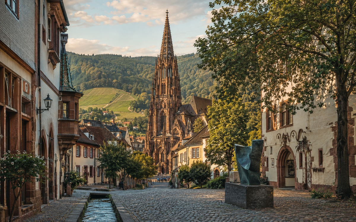 Panorama artistique de Freiburg im Breisgau avec le Münster, les Bächle et la Forêt-Noire