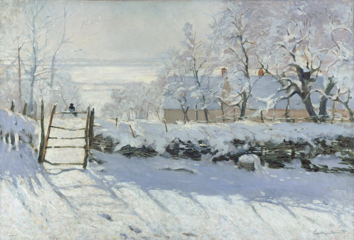 La Pie de Claude Monet, paysage de neige avec une pie posée sur une barrière