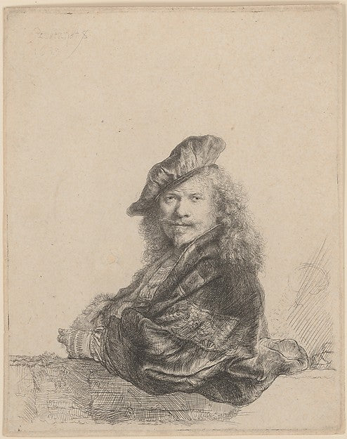 Rembrandt, Autoportrait appuyé sur un parapet de pierre, eau-forte et pointe sèche, 1639