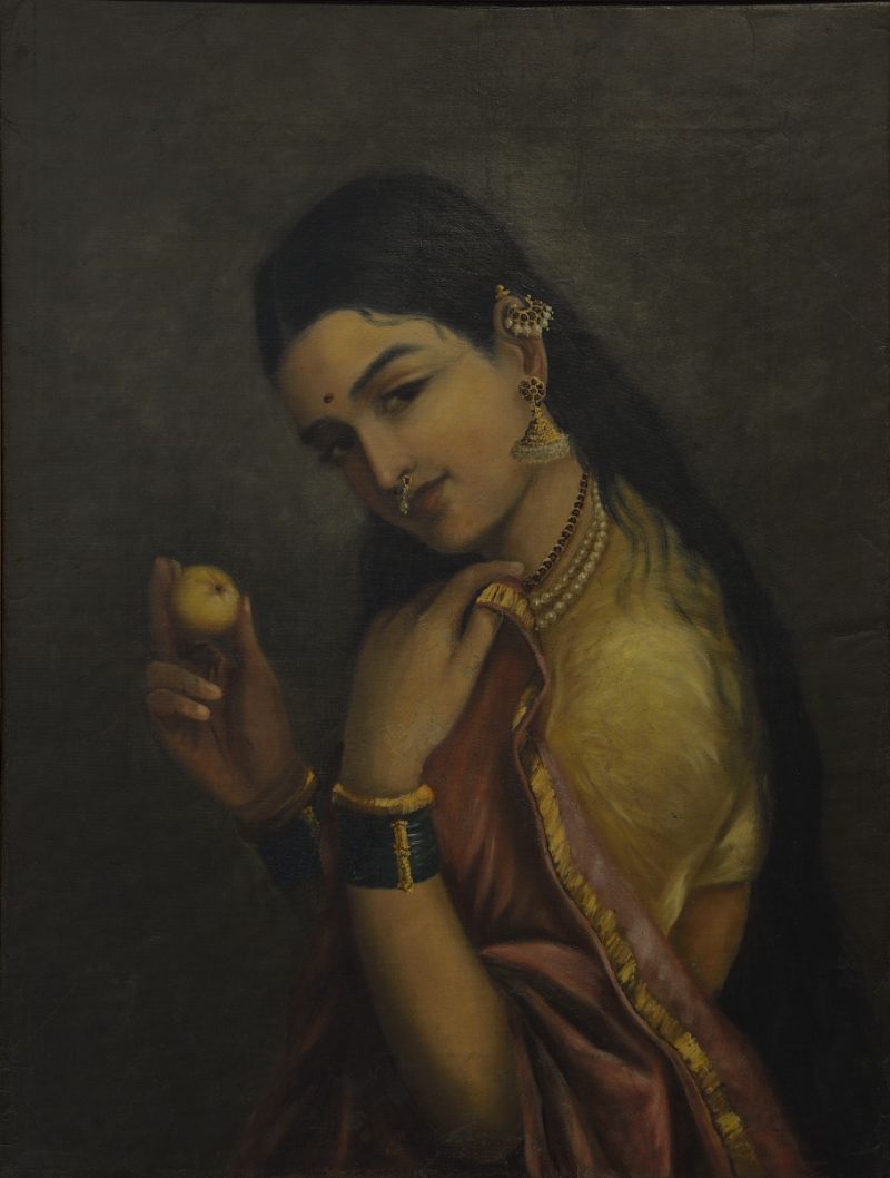 Femme tenant un fruit, Raja Ravi Varma, XXe siècle, huile sur toile