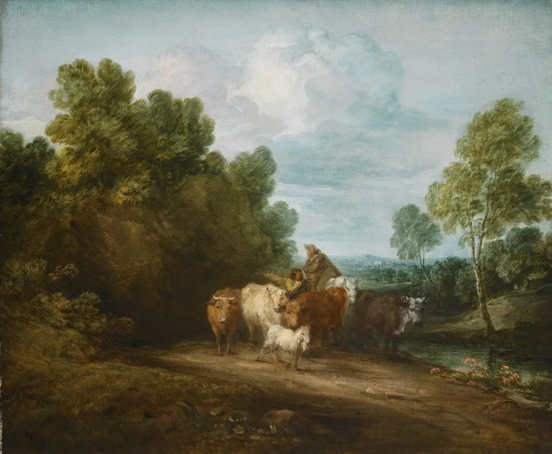 Paisaje rocoso y boscoso con campesino a caballo, pastor y ganado, y edificio a lo lejos - Thomas Gainsborough