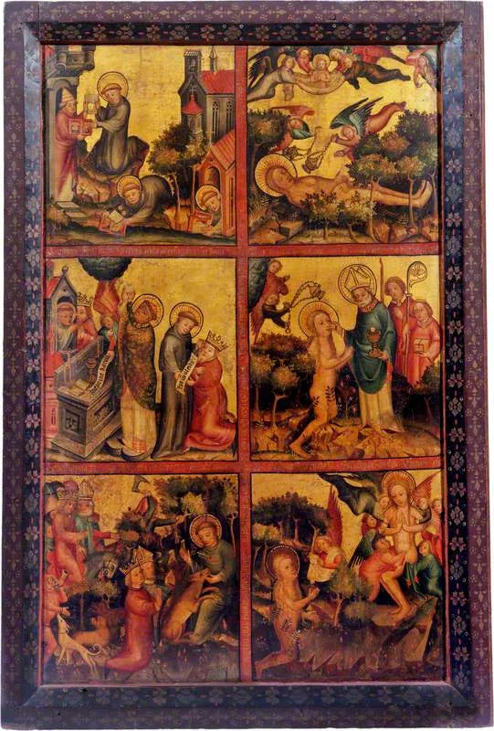 3 escenas de la vida de san Gilberto; 3 escenas de la vida de santa María Magdalena (tríptico, hoja derecha exterior) - Maestro Bertram