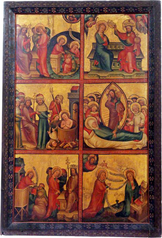 3 escenas de la vida de san Juan el Evangelista; 3 escenas de la vida de la Virgen (tríptico, ala izquierda exterior) - Maestro Bertram