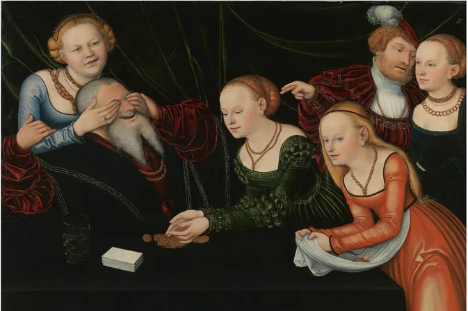 6 personas, chicas jugando con un anciano - Lucas Cranach el Viejo