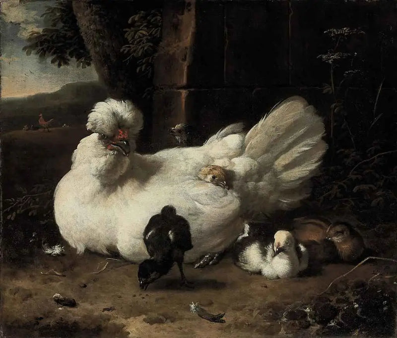 Una gallina con pollitos en un paisaje - Melchior de Hondecoeter
