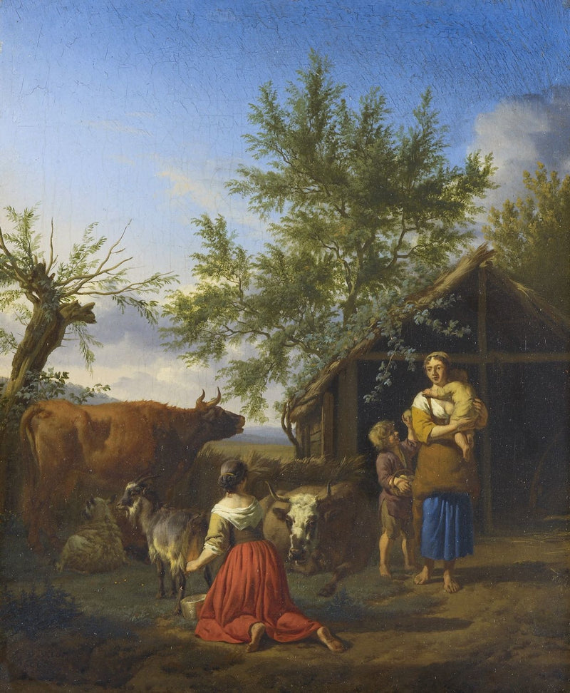 Une femme qui trait une chèvre devant une grange - Adriaen van de Velde