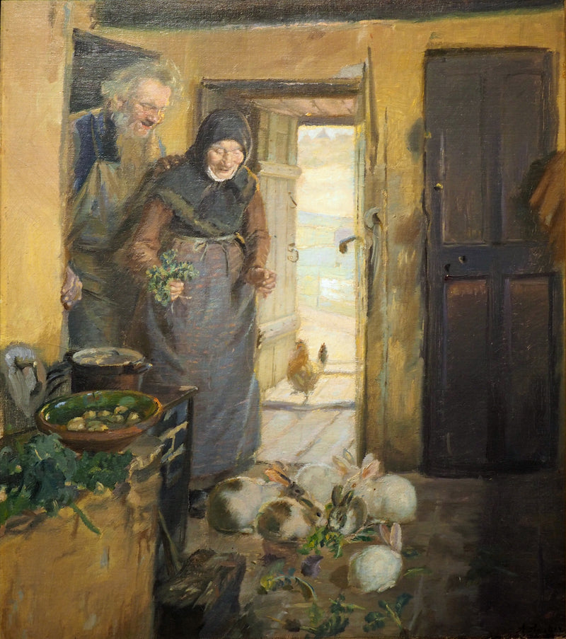 Dos personas mayores y sus conejos - Anna Ancher