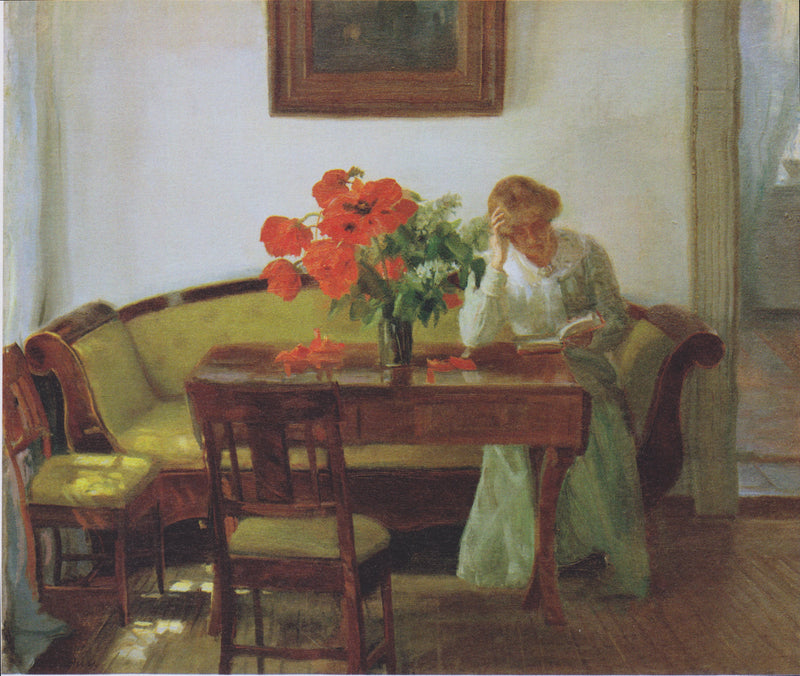 Interior con amapolas y una mujer leyendo (Lizzy Hohlenberg) - Anna Ancher