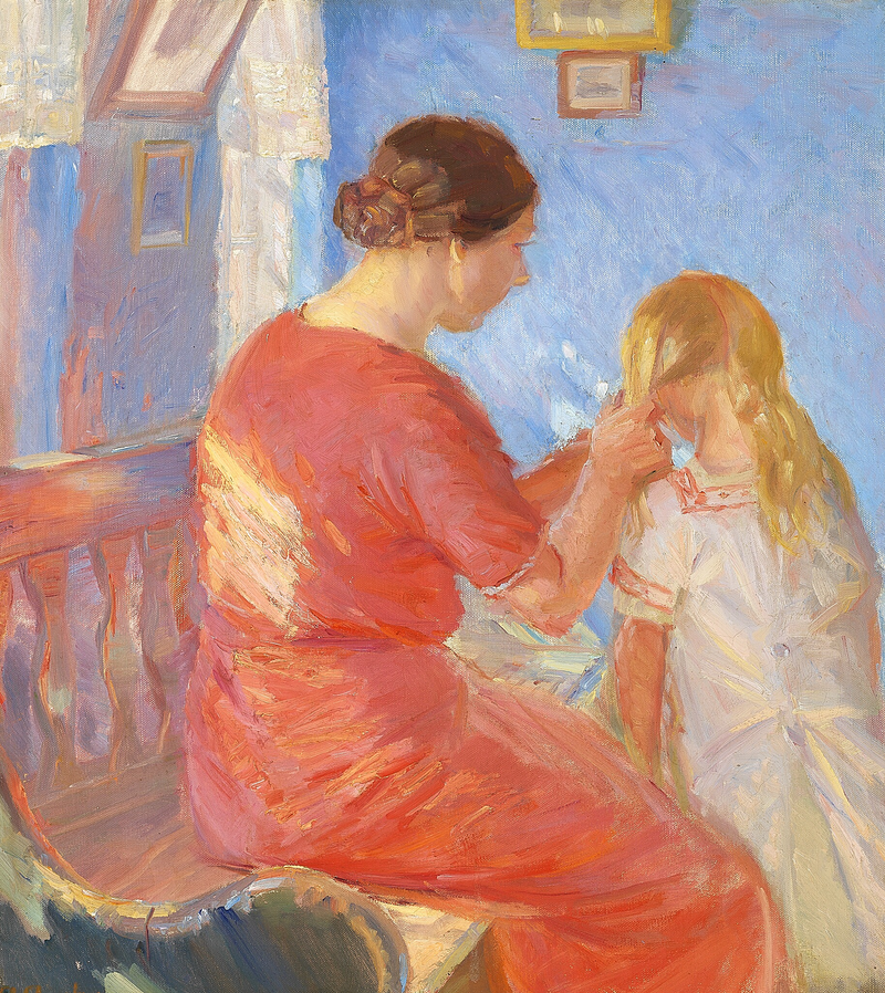 Una madre trenzando el cabello de su hijo. - Anna Ancher