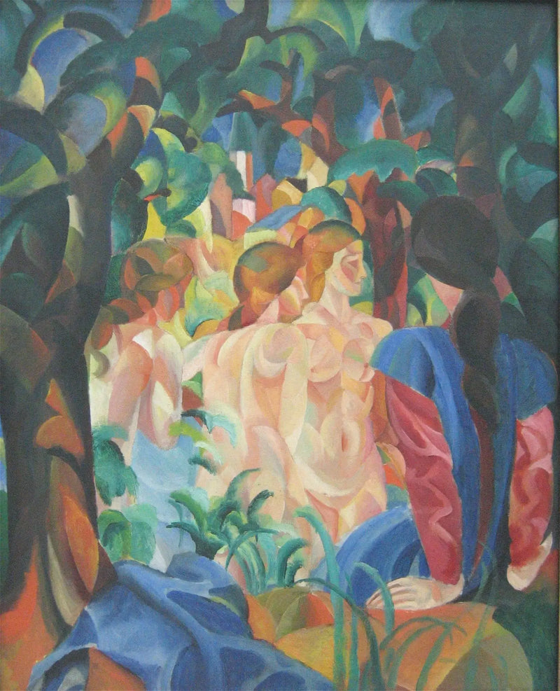 Chicas bañándose con la ciudad de fondo - August Macke