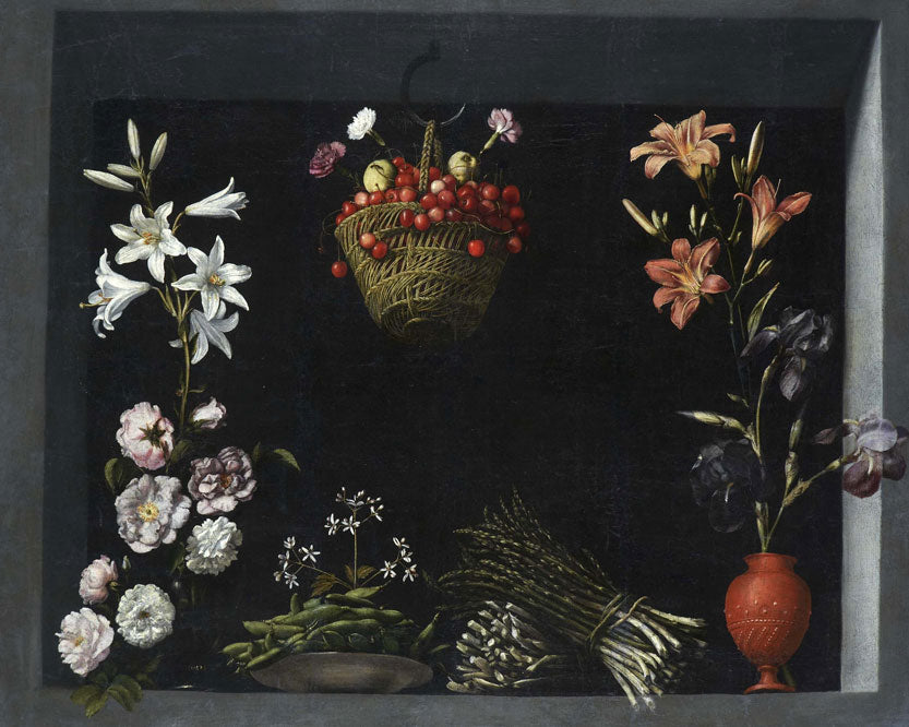Bodegon flores hortalizas cesto cerezas - Juan Sánchez Cotán
