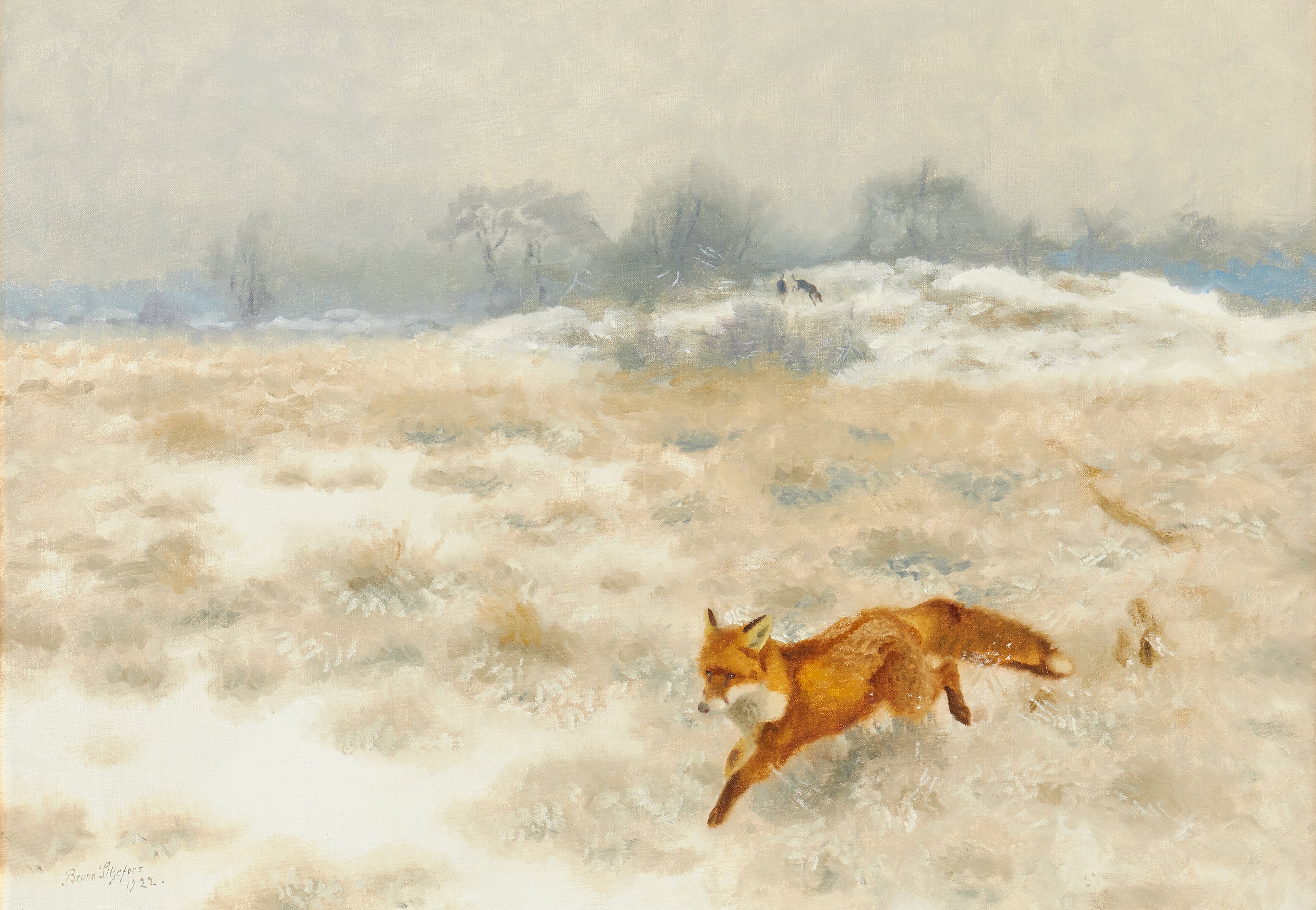Renard et chiens de chasse dans un paysage hivernal - Bruno Liljefors