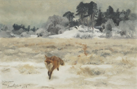 Renard dans un paysage hivernal avec des chiens de chasse - Bruno Liljefors