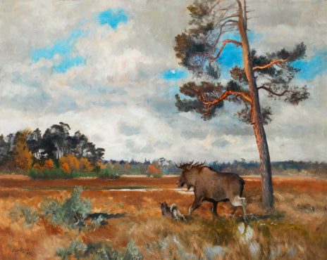 Élan et chien d'élan norvégien dans un paysage d'automne - Bruno Liljefors