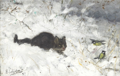 À la chasse, chat et mésanges charbonnières dans un paysage hivernal - Bruno Liljefors