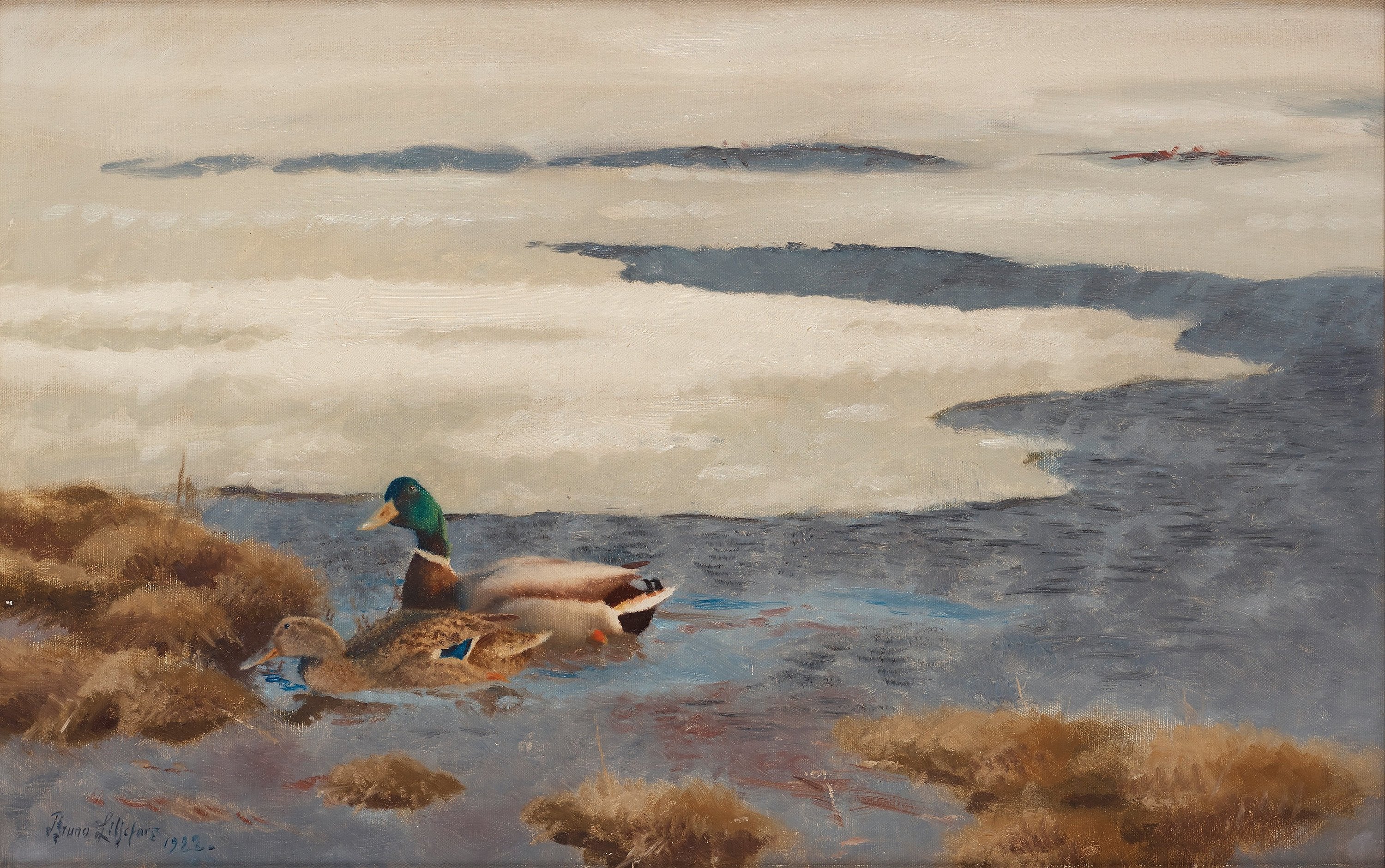 Paysage d'hiver avec des canards colverts - Bruno Liljefors