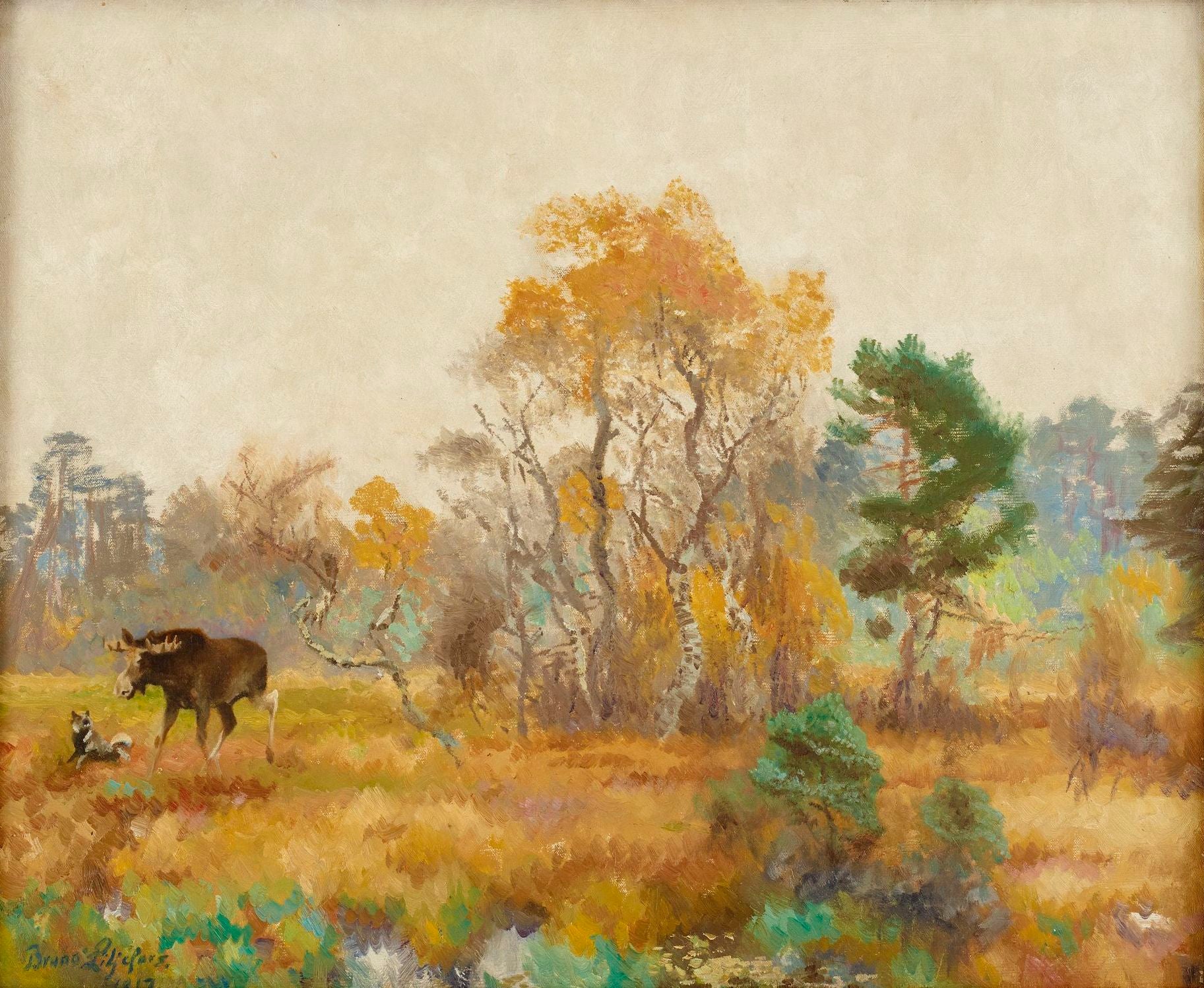 Paysage avec des élans (Alces alces) et un chien d'élan norvégien - Bruno Liljefors