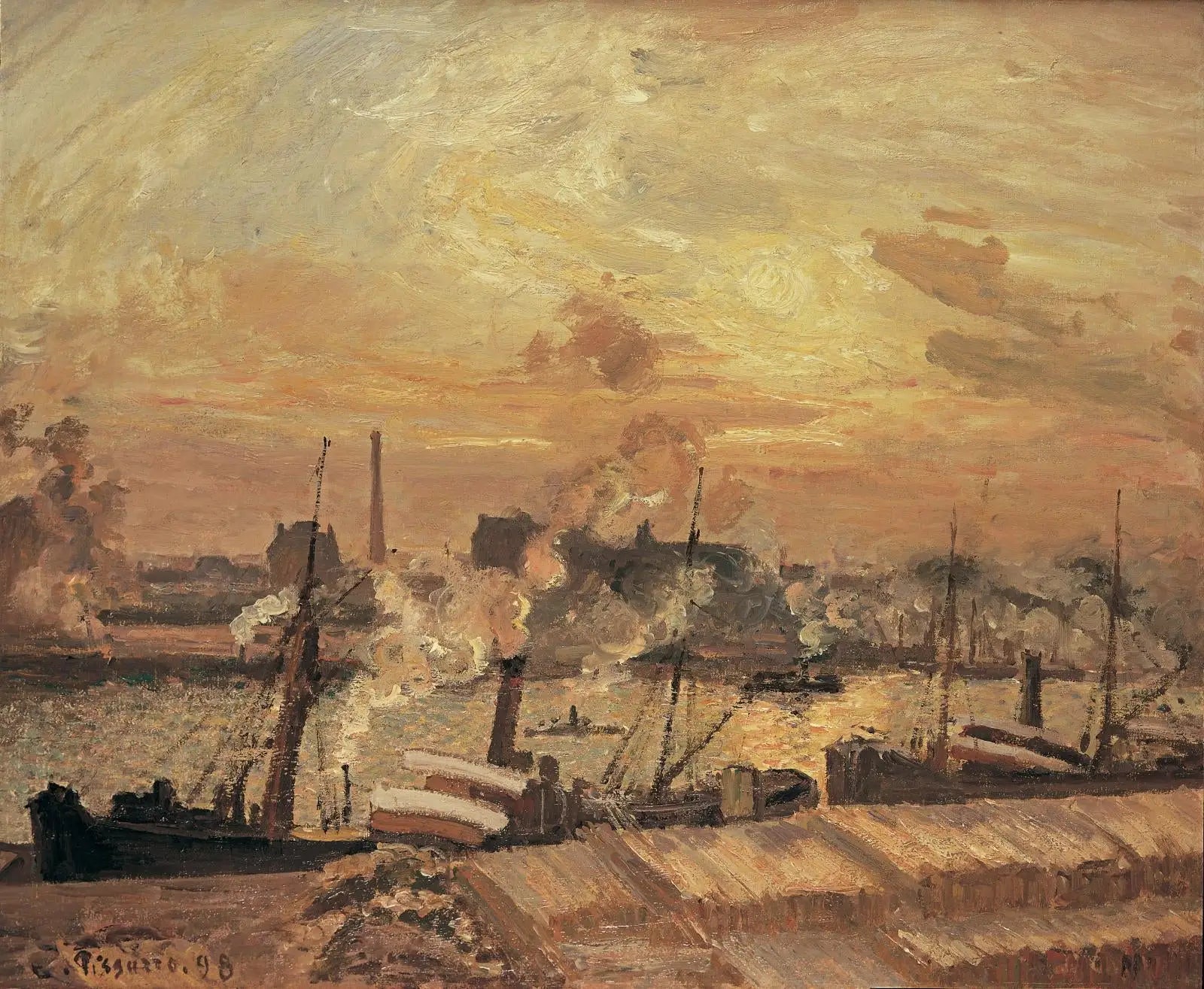 Reproduction du tableau « Déchargement de bois, quai de la Bourse, coucher de soleil - Camille Pissarro » par Alpha Reproduction en peinture à l’huile