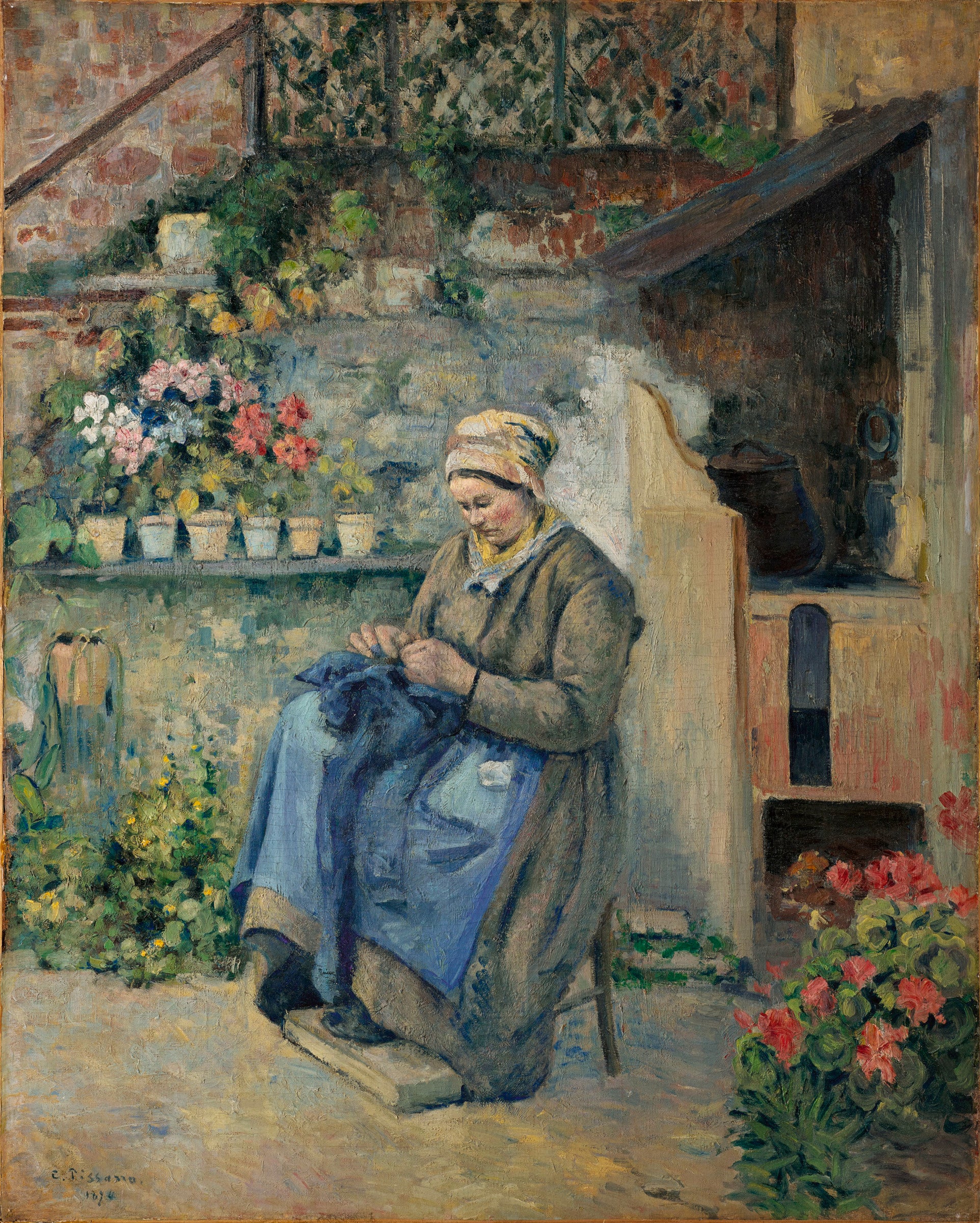 Reproduction du tableau « La mère Jolly raccommodante - Camille Pissarro » par Alpha Reproduction en peinture à l’huile