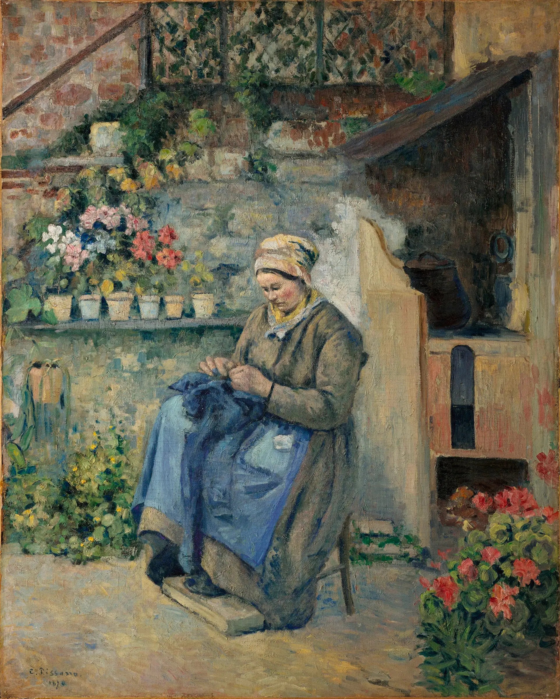 Reproduction du tableau « La mère Jolly raccommodante - Camille Pissarro » par Alpha Reproduction en peinture à l’huile
