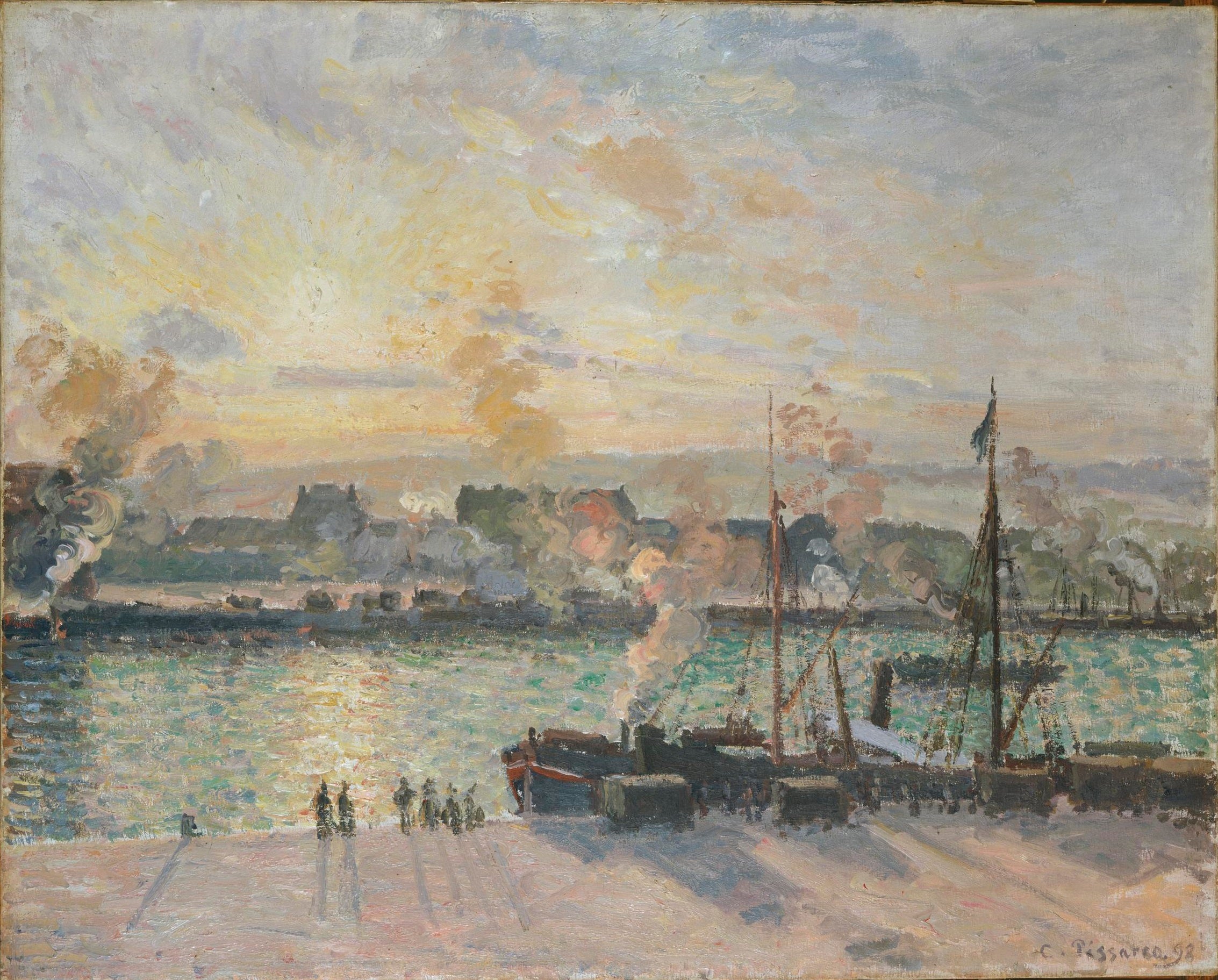 Reproduction du tableau « Coucher de soleil, port de Rouen (bateaux à vapeur) - Camille Pissarro » par Alpha Reproduction en peinture à l’huile