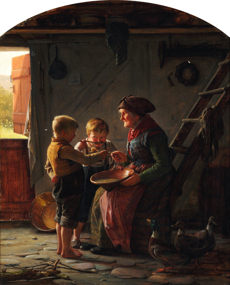 Una comida. Dos niños y una abuela prueban la sopa de patatas. - Carl Heinrich Bloch