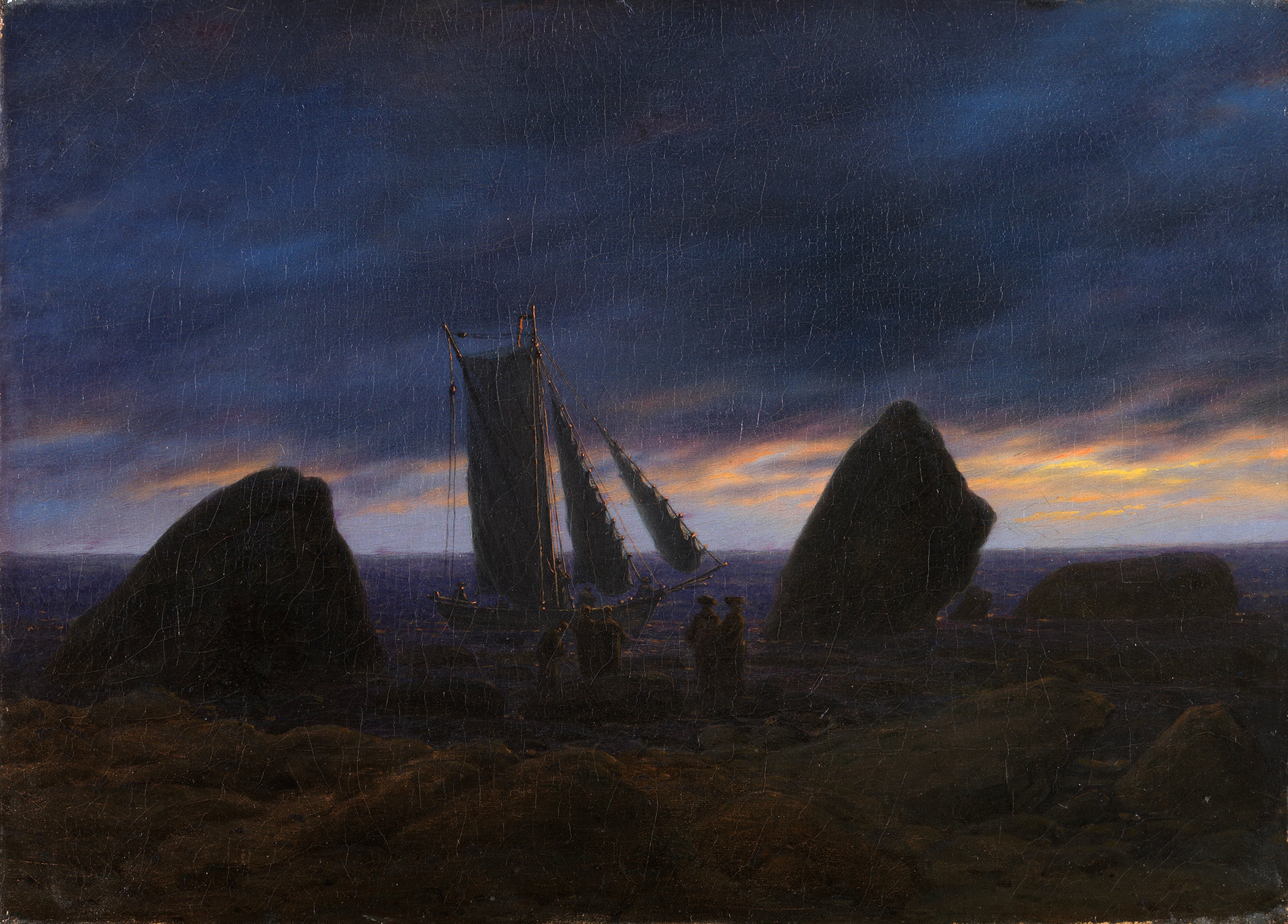 Reproduction du tableau « Bateau de pêche entre deux rochers sur la plage de la mer Baltique - Caspar David Friedrich » par Alpha Reproduction en peinture à l’huile