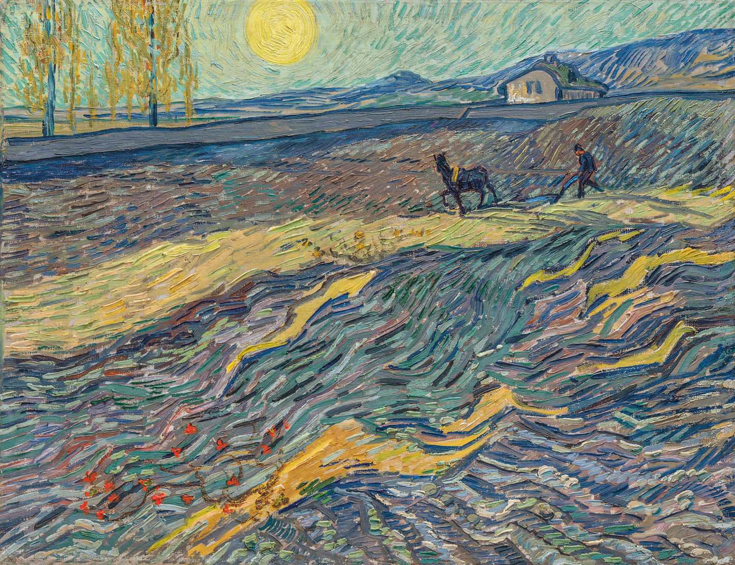 🌾 Campo con campesino arando y molino – Vincent van Gogh (1889)