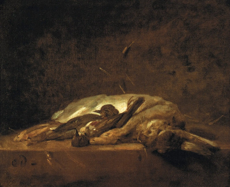 Un conejo, dos zorzales muertos y algunos tallos de paja sobre una mesa de piedra - Jean Simeón Chardin