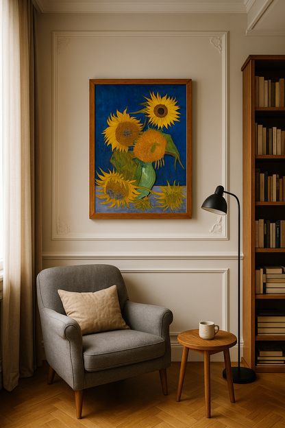 🌻 Girasoles (fondo azul real) – Vincent van Gogh (1888)