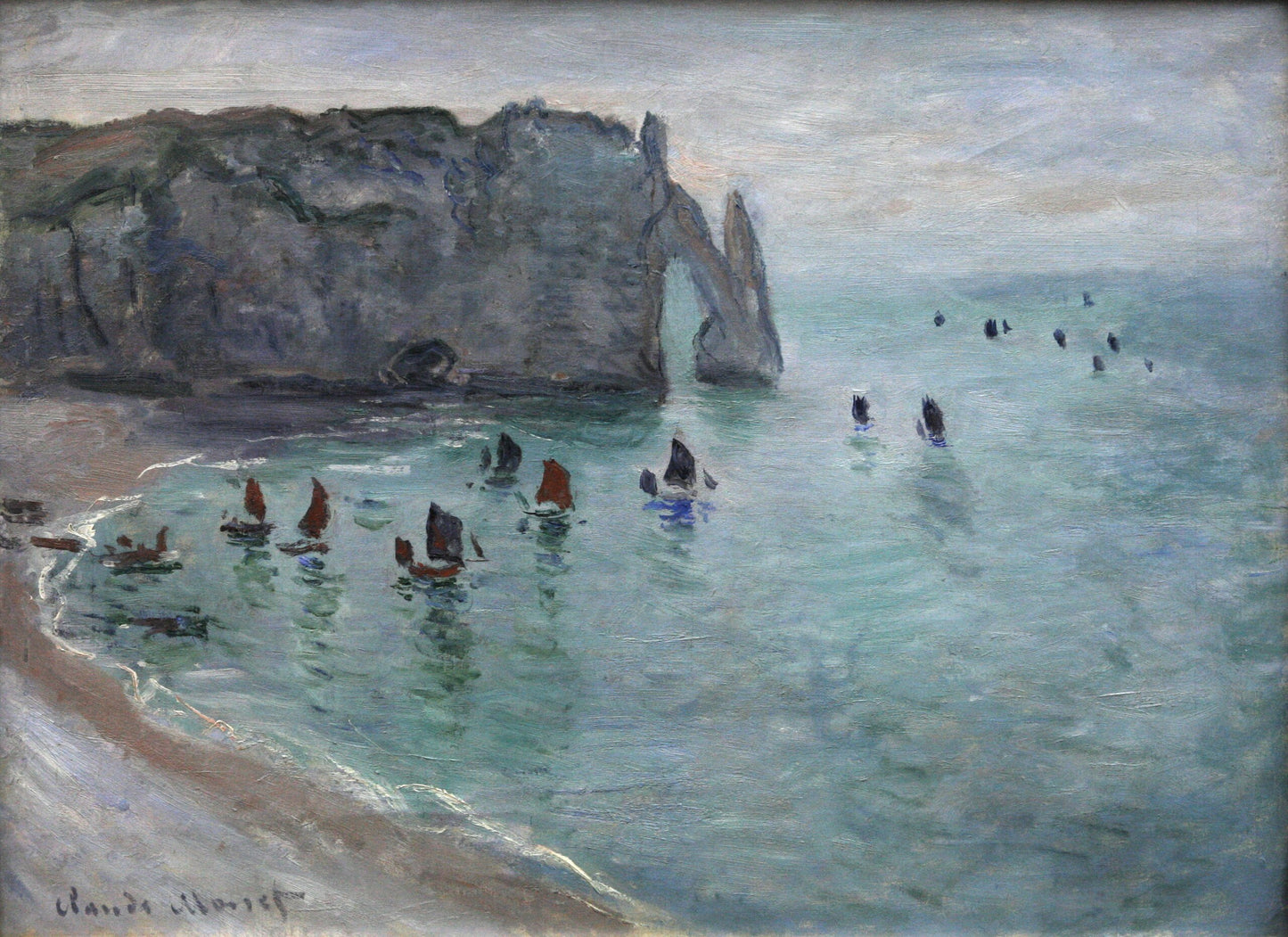 🖼️ Étretat, la Porte d’Aval – Barcos de pesca saliendo del puerto – Claude Monet (hacia 1885)