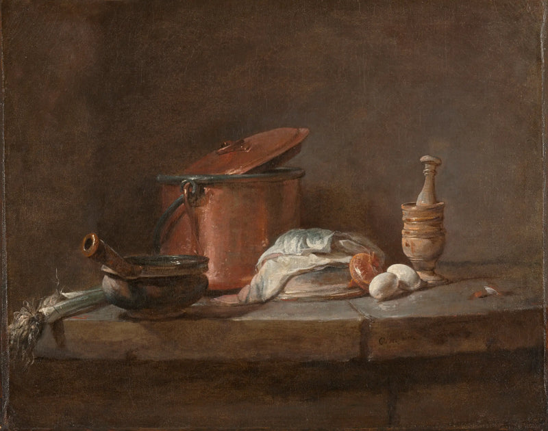 Utensilios de cocina con puerros, pescado y huevos - Jean Simeón Chardin