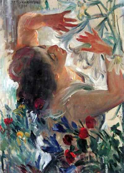 Femme avec des lys dans une serre - Lovis Corinth