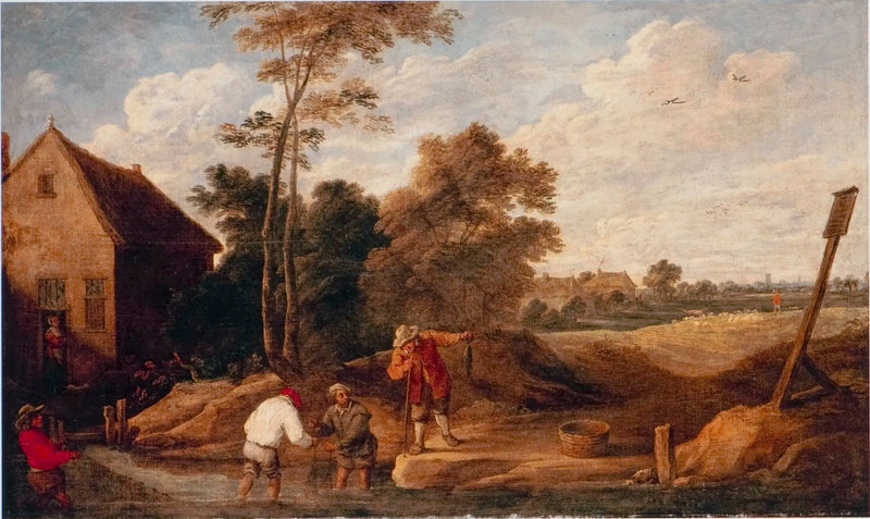 Campesinos pescando en un arroyo, cerca de una cabaña - David Teniers el Joven