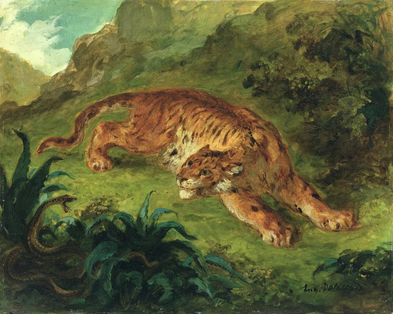 Tigre asustado por una serpiente - Eugène Delacroix
