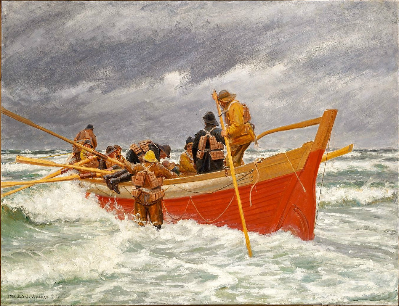 El bote salvavidas rojo se va. - Michael Peter Ancher