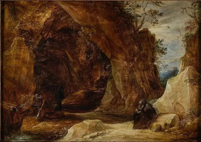 Ermitaña sentada sobre una roca en la entrada de una cueva - David Teniers el Joven