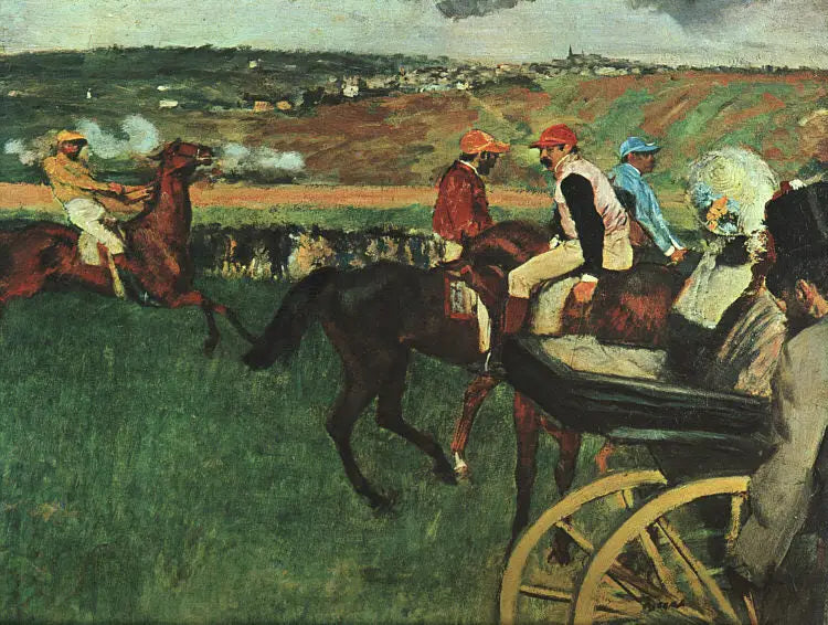 El hipódromo. Jinetes aficionados cerca de un coche - Edgar Degas