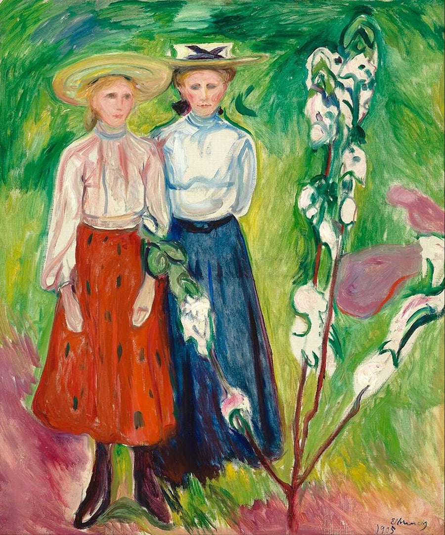 Deux jeunes filles sous un pommier en fleurs, peinture de Edvard Munch