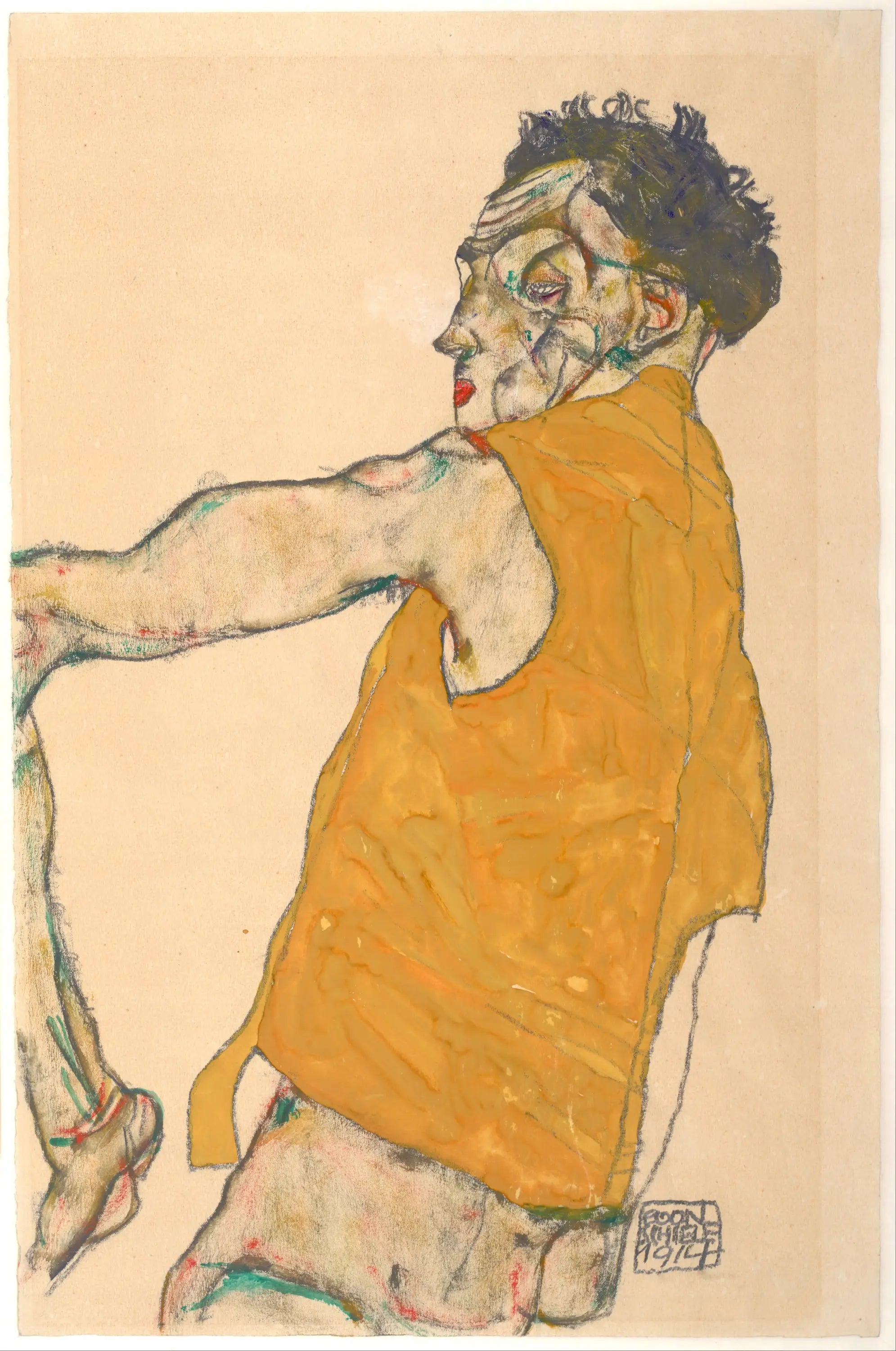 Reproduction du tableau « Autoportrait en gilet jaune - Egon Schiele » par Alpha Reproduction en peinture à l’huile