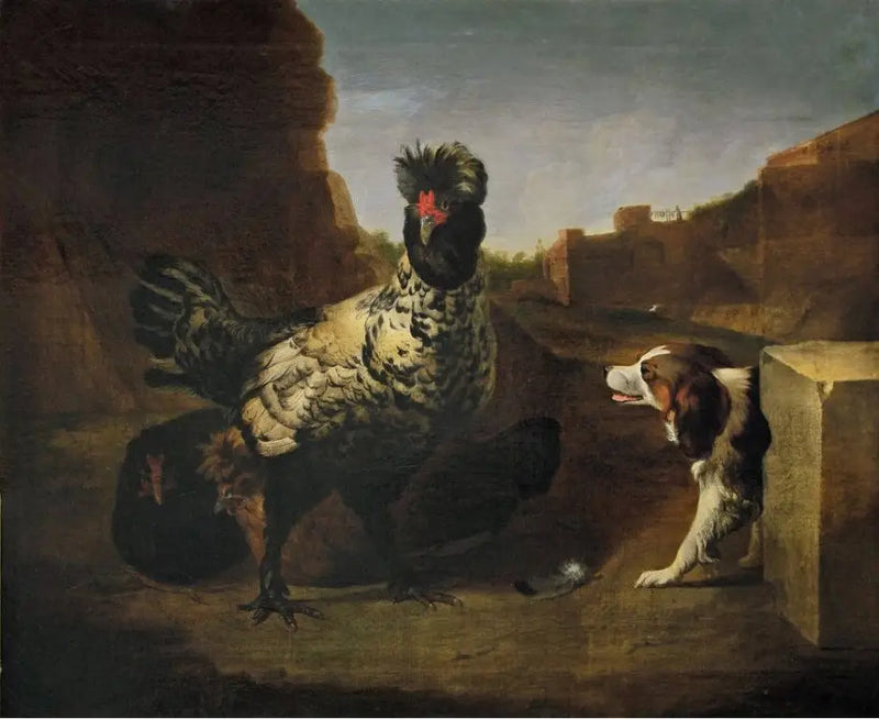 Un gallo con gallinas y un perro - Melchior de Hondecoeter