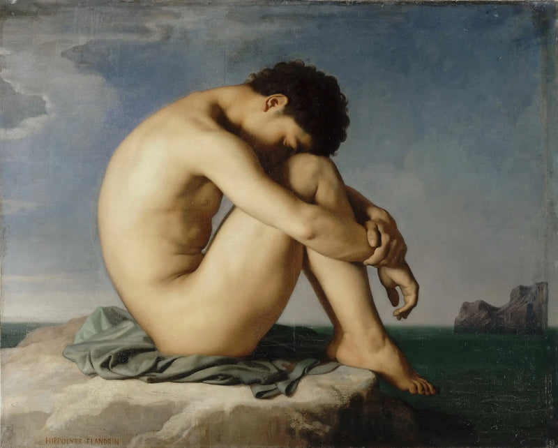 Joven hombre desnudo sentado al borde del mar - Hippolyte Flandrin