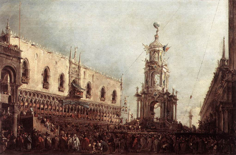 El dogo de Venecia asiste a las fiestas del Jueves Gordo en la Piazzetta - Francesco Guardi