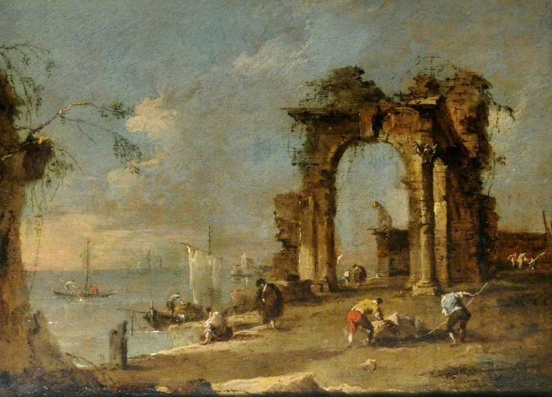 Capricho con un arco en ruinas junto a una laguna - Francesco Guardi