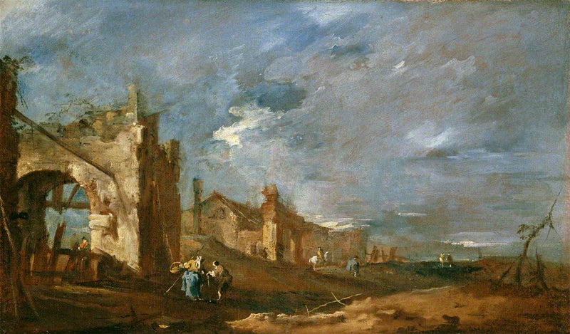 Edificios en ruinas y personajes junto a la laguna - Francesco Guardi