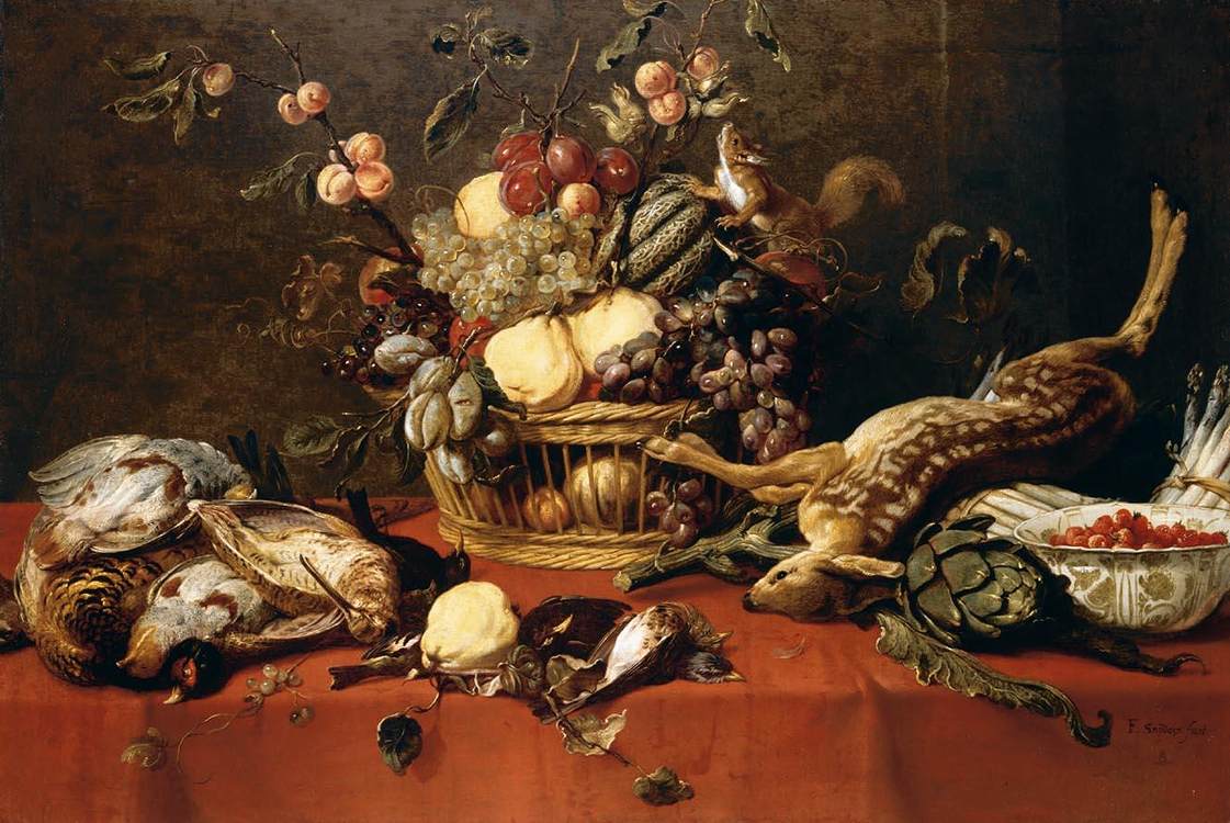 Nature morte de fruits dans un panier, avec du gibier, une coupe de fraises des bois, des artichauts, des asperges et un écureuil sur une table recouverte d'une nappe rouge. - Frans Snyders