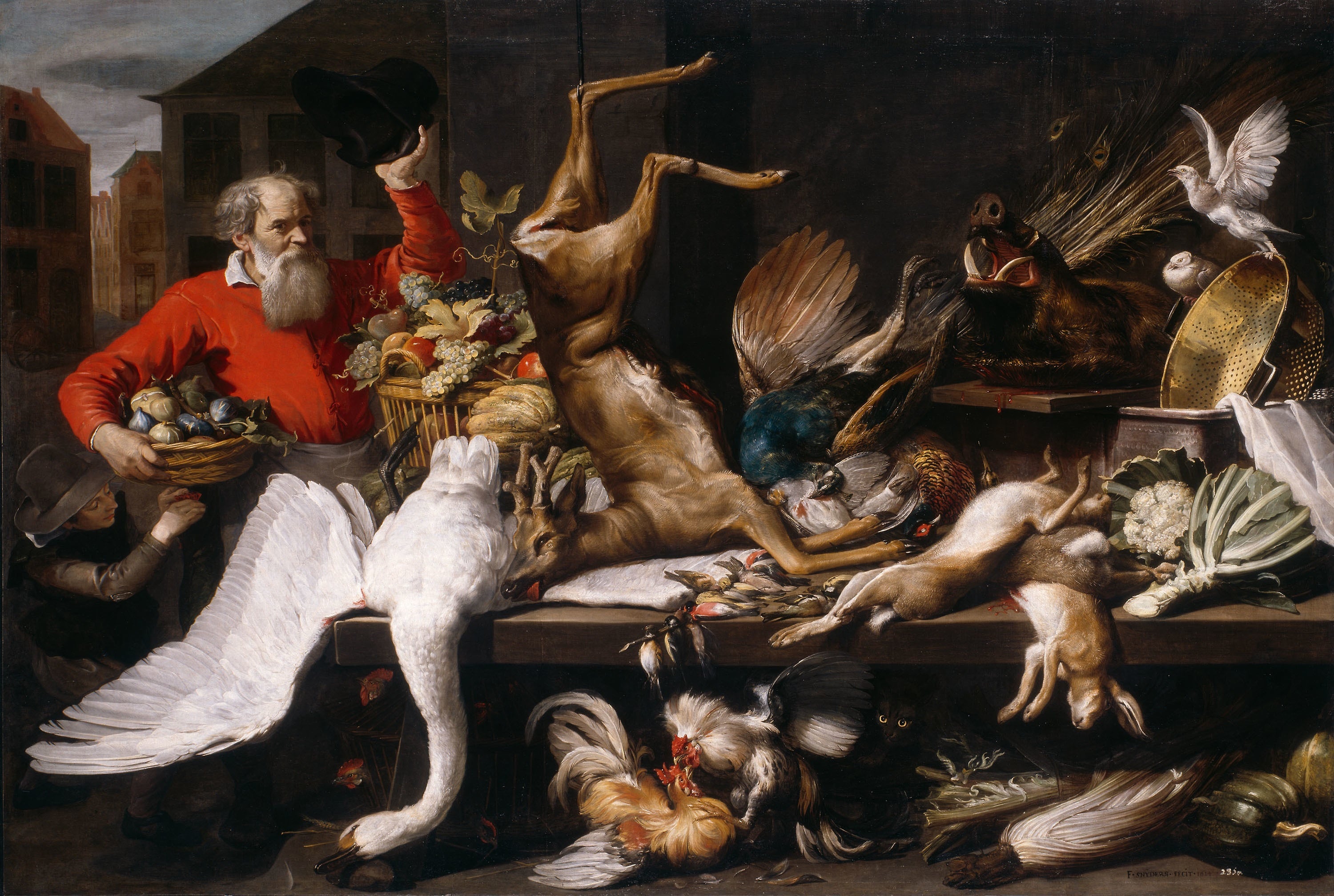Nature morte avec gibier mort, fruits et légumes sur un marché - Frans Snyders
