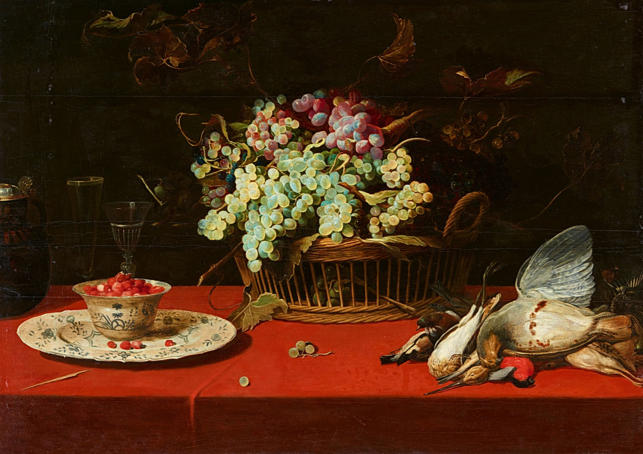 Nature morte avec raisins dans un panier, une coupe de fraises et des oiseaux de gibier - Frans Snyders