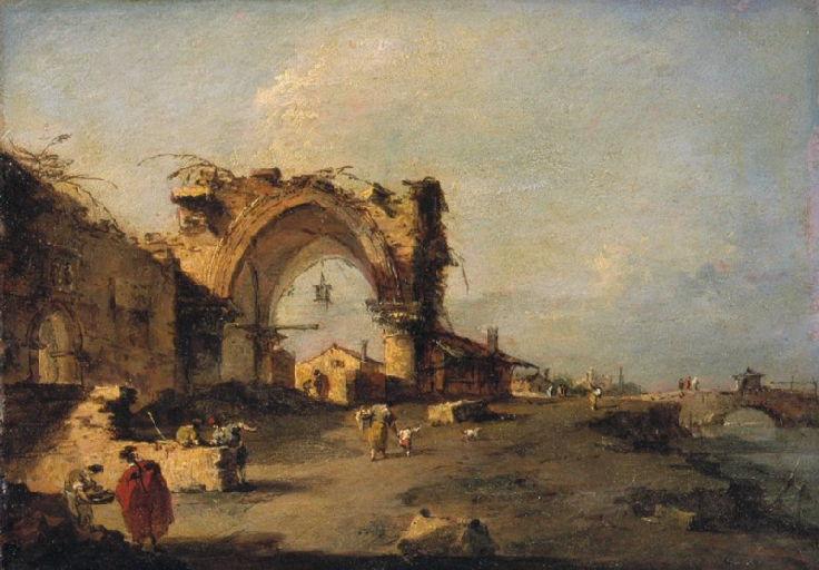 Vista de una aldea con un puente y una puerta gótica monumental en ruinas - Francesco Guardi
